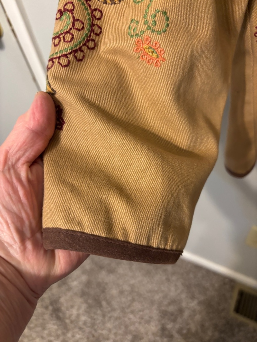Denim & Co. Embroidered Tan Jacket with Brown Trim - Picture 6 of 13